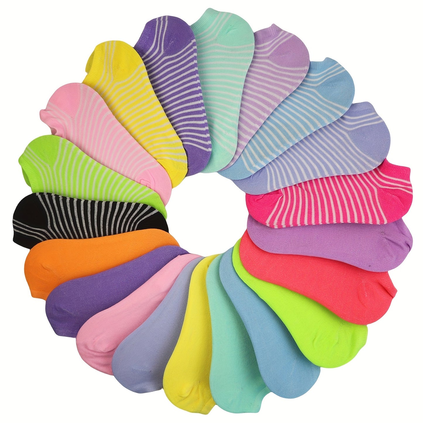 20 pairs of candy-colored, lightweight, and breathable low cut ankle socks for women.