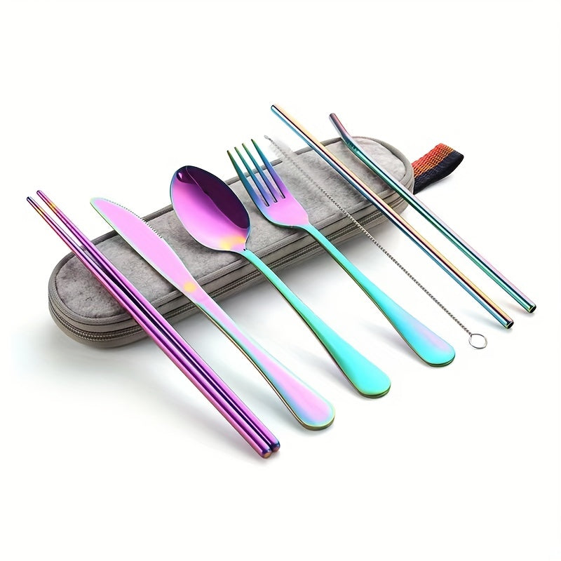 Travel camping set with 8 pieces of stainless steel cutlery includes knife, fork, spoon, chopsticks, cleaning brush, straw, and carry case.