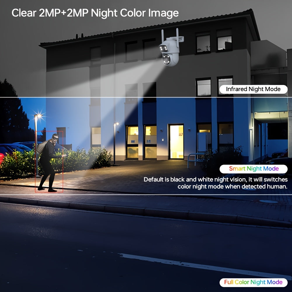 Introducing the ZHXINSD 4MP Dual Lens Wireless Security Camera, featuring 2K 1920p HD resolution, 360° Pan-Tilt Auto Tracking, AI Human Detection, Full Color Night Vision, Two-Way Audio, 2.4G/5G WiFi connectivity, Smartphone App Control, USB Powered