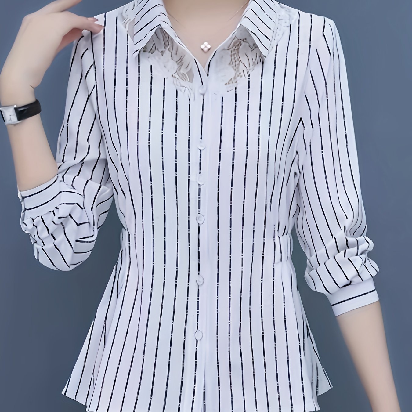 Elegant slim-fit lace stitching button front shirt for office & work.