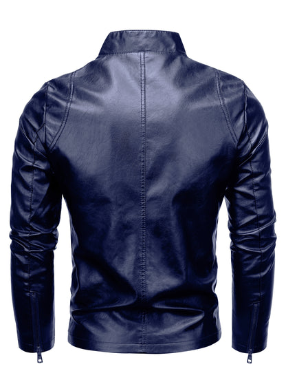 Men's Casual PU Leather Jacket with Stand Collar and Zipper Placket, Regular Fit and Long Sleeve, Non-Stretch Woven Moto Style Outwear.