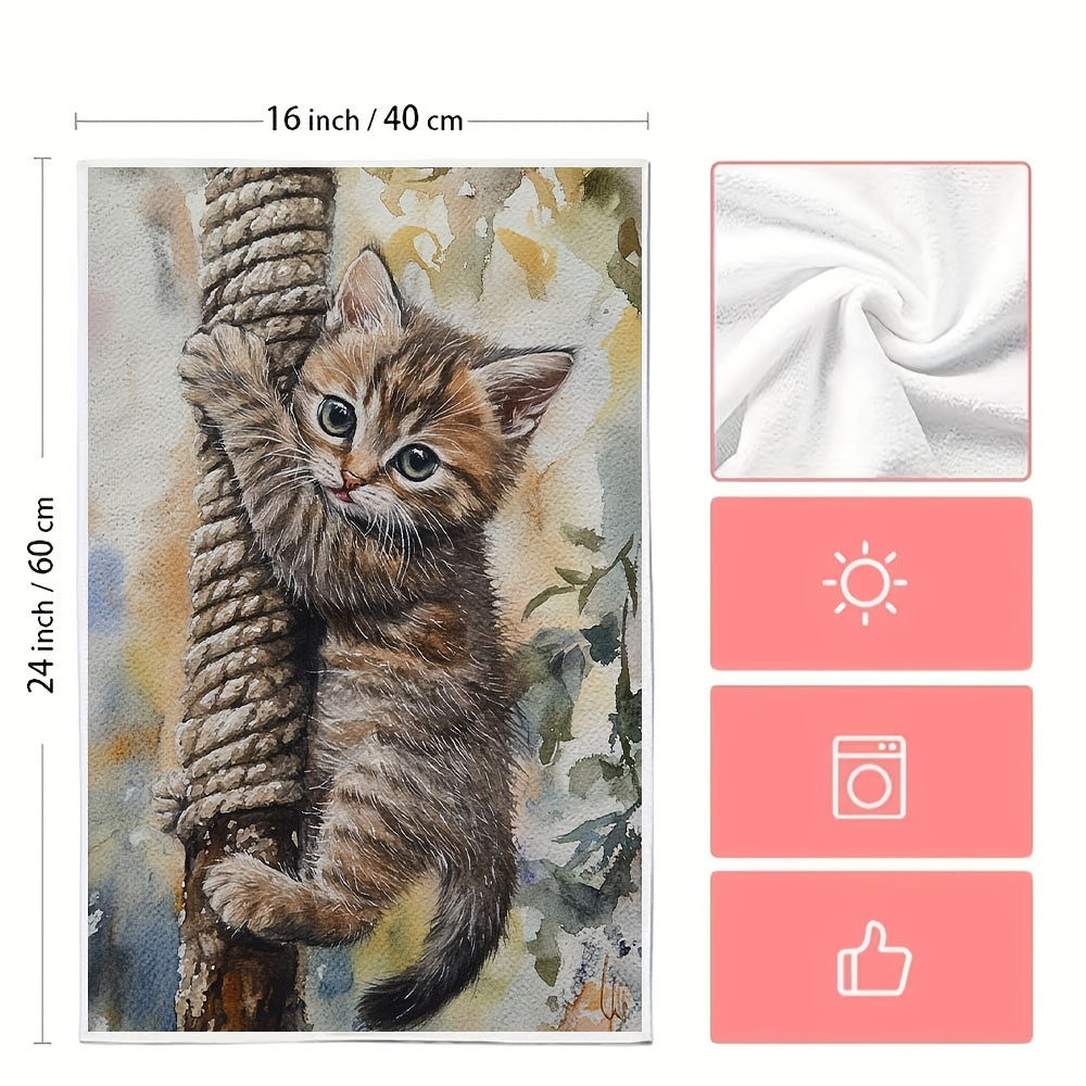 Set of 2 Ultra Soft Kitchen Towels featuring a Cute Kitten Climbing Rope Design, Extremely Absorbent and Easy to Clean Dish Hand Towels, Modern Coastal Style, 40.64x60.96 cm - Ideal for Home Decor and Kitchen Use