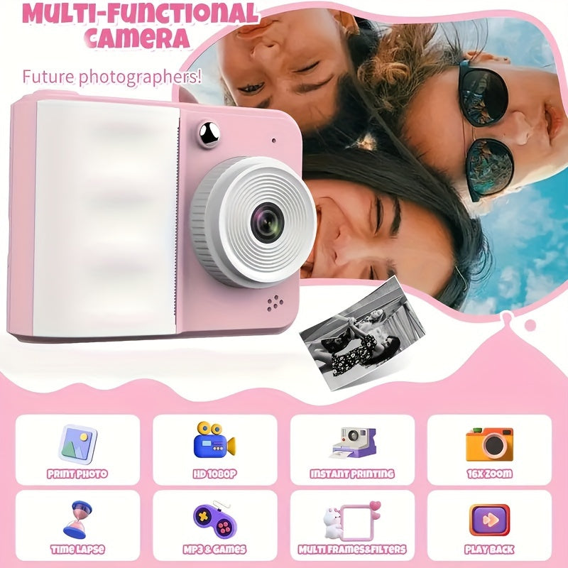 Portable Mini Camera Photo Printer with 6.1 cm Screen - USB Rechargeable, 1080P Video, 48MP, MP3 Playback, Thermal Printing on Paper, Monochrome Output, Smartphone Compatible, No