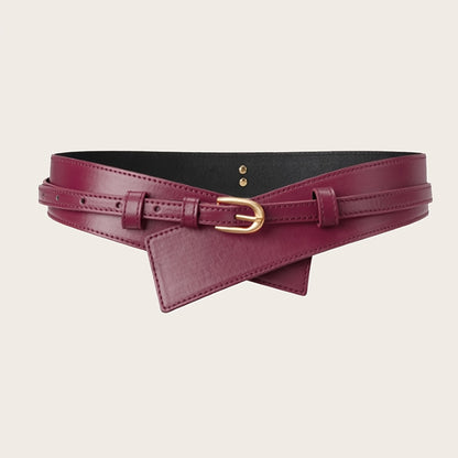 Women's wide waist belt with corset design and golden buckle.