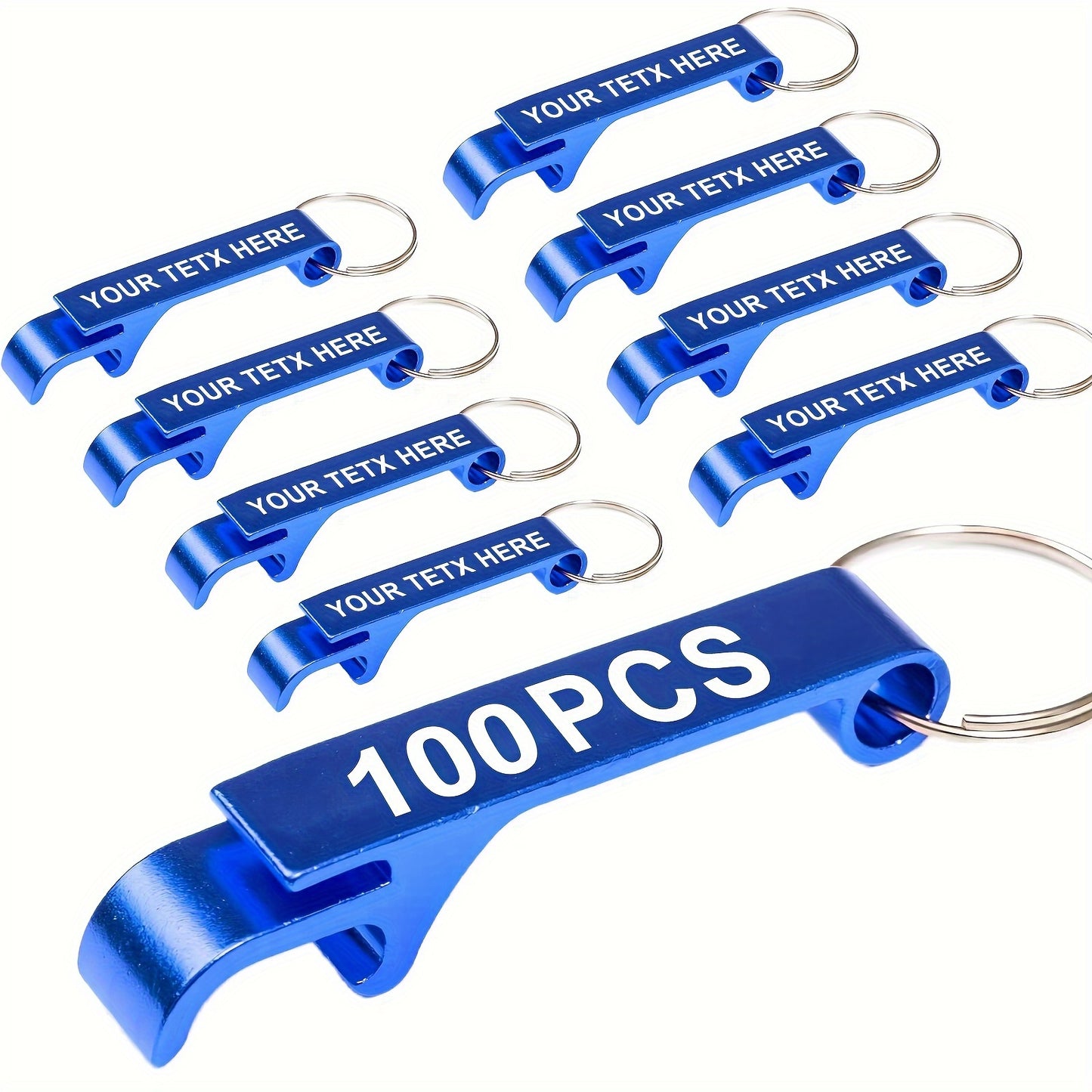 100 customizable metal bottle opener keychains, perfect for picnics and parties. Durable and portable, no power needed.