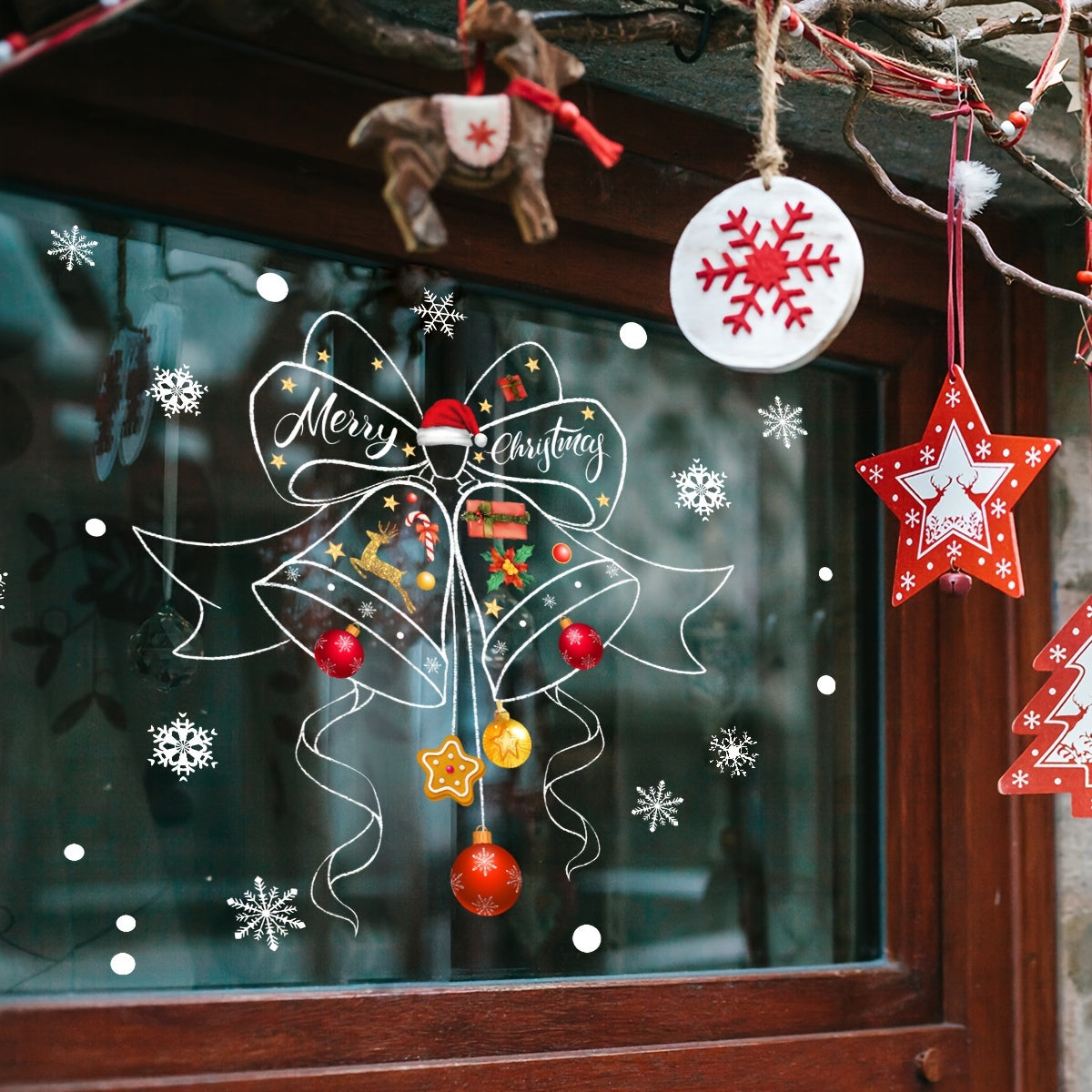 DJ3104-YL is a simple bell snowflake Christmas holiday decoration sticker made of glass. It is static, double-sided, and visible from both sides. This self-adhesive sticker is designed to be placed on windows, balconies, or any other glass surface.