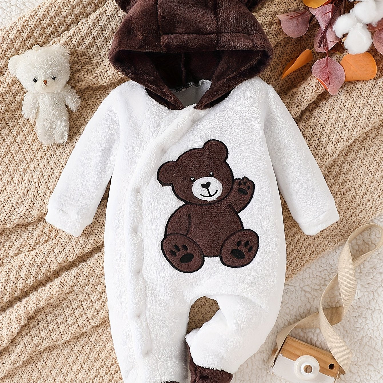 Baby body suit with foot bag, newborn children's winter thickened plush warm underwear.