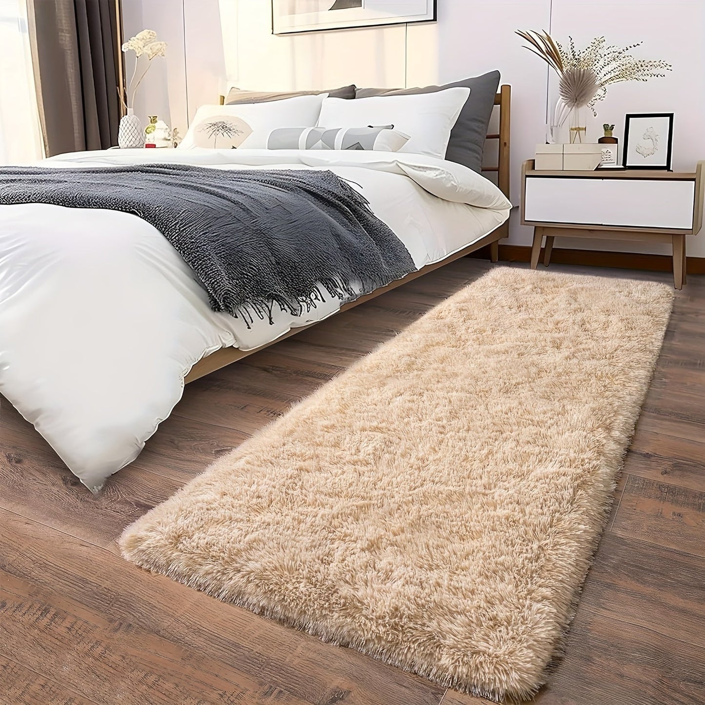 Luxurious Beige Plush Area Rug - Soft Faux Fur Carpet for Cozy Home Decor, Ideal for Living Room, Bedroom, and Entryway. Low Maintenance, Non-Shedding, Made of 100% Polyester. Dry Clean Only.