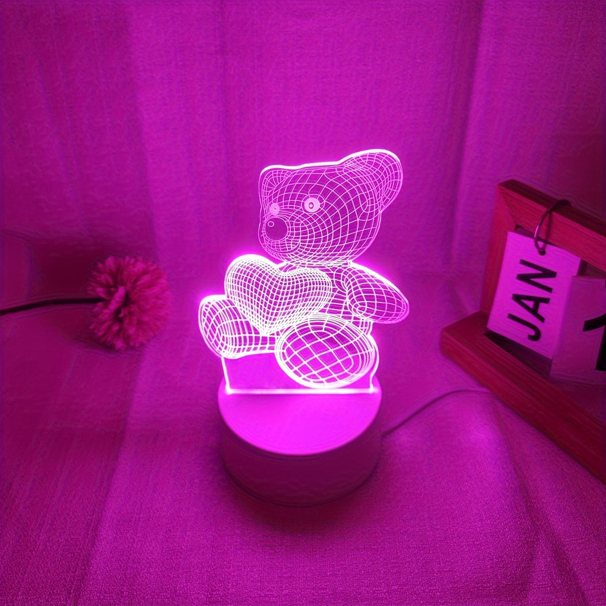 3D night light with pink heart bear design, USB powered, switch control, ideal for modern bedroom decor.