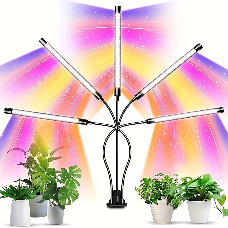 The 5/2-Head LED Grow Light is a full spectrum clip plant light with yellow, blue, and red LEDs, perfect for indoor plants. It features 5 brightness levels and an automatic timer with