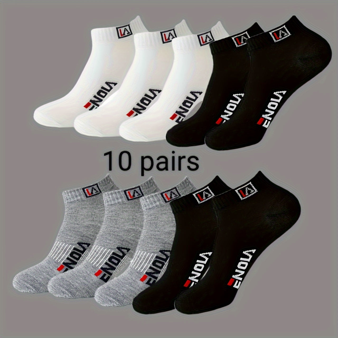 10 pairs of men's casual ankle socks in black, white, and grey with an alphabet pattern, made of 97% polyester and 3% spandex. Knit fabric, hand wash or dry clean only. From the