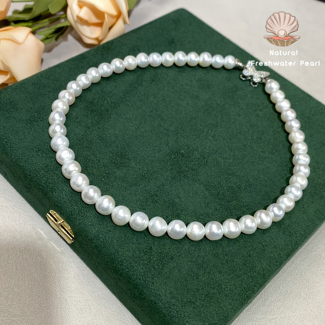 Stylish Butterfly Round Natural Freshwater Pearl Beaded Necklace, Women's Chic Jewelry with Zirconia Accents. Suitable for both Daily and Party Wear, Making it an Ideal Christmas Gift. Comes with Gift Box and may have Slight Imperfections.