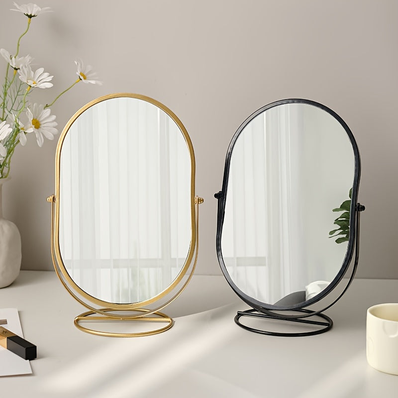 360° rotatable freestanding makeup mirror with iron frame, high-definition surface, perfect for bedroom or vanity table.