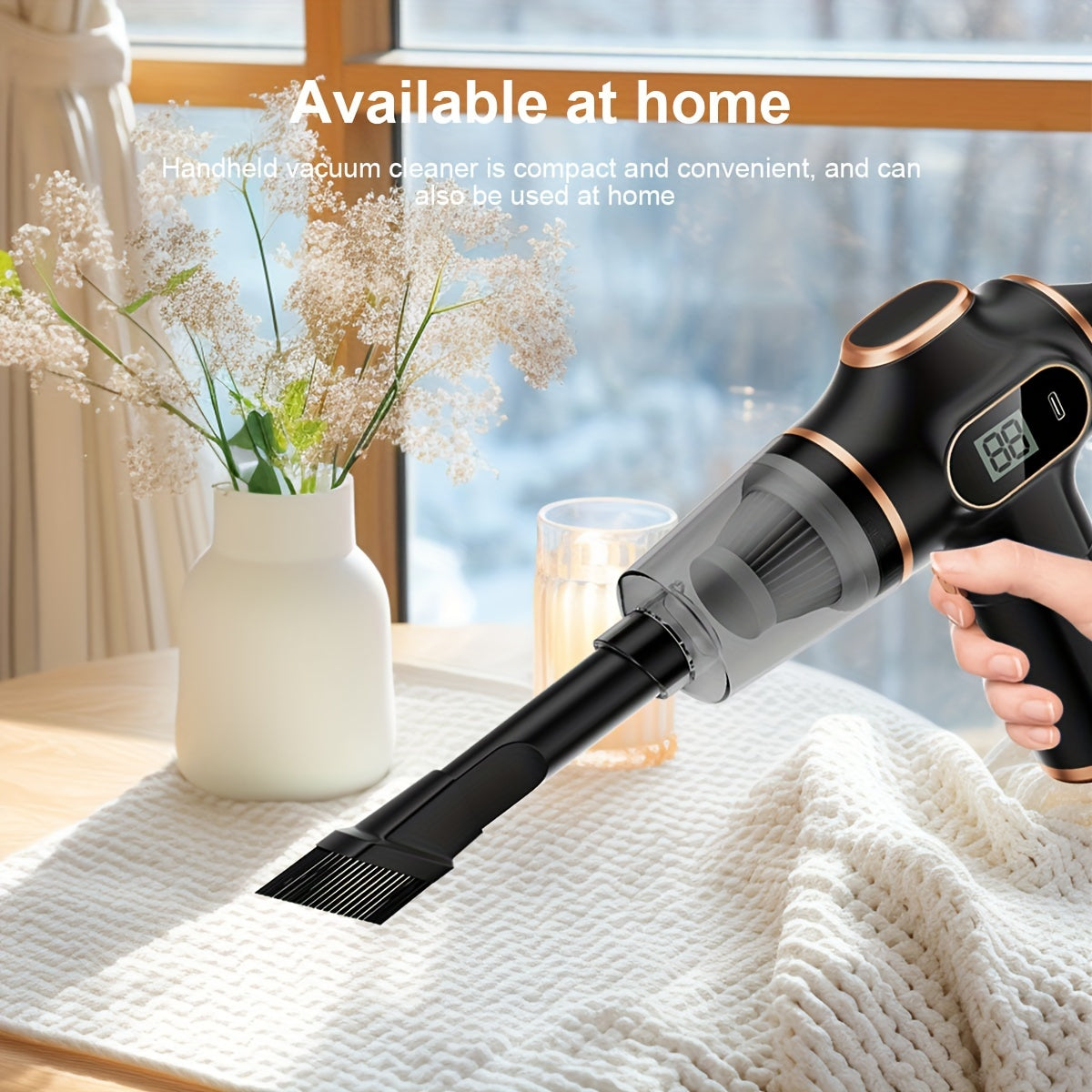 [Bestseller] belibuy Portable Rechargeable Car Vacuum Cleaner with Digital Display - Elegant Black & Rose Gold, Handheld, Cordless Dust Remover with Cyclone Suction, Includes Brush Blowing Head & Long Tube, USB Charging, Durable ABS Material, Cordless