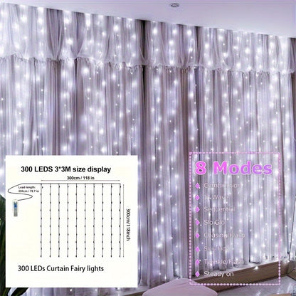 1pc Fairy Lights Curtain with 8 Modes Timer Remote, USB Lamps for Bedroom, Backdrop, Wedding, Party, Eid Al-Adha Mubarak.