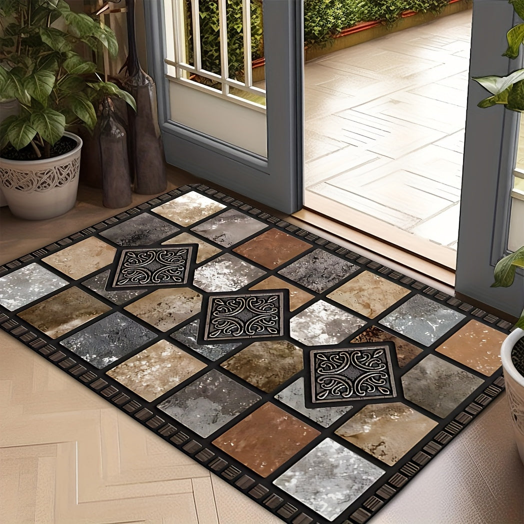 Machine-washable non-slip entryway mat with red stone and tile pattern, rubber backing for safety. Comes in various sizes – ideal for home, garden, and farmhouse decor. Versatile and