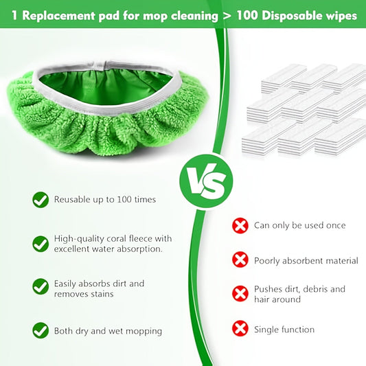 The pack includes six green reusable mop pads made of washable and durable polyester fiber. These highly absorbent flat floor cloths are suitable for wet and dry cleaning and compatible with vacuum mops. Suitable for all floor types, mop is not included.