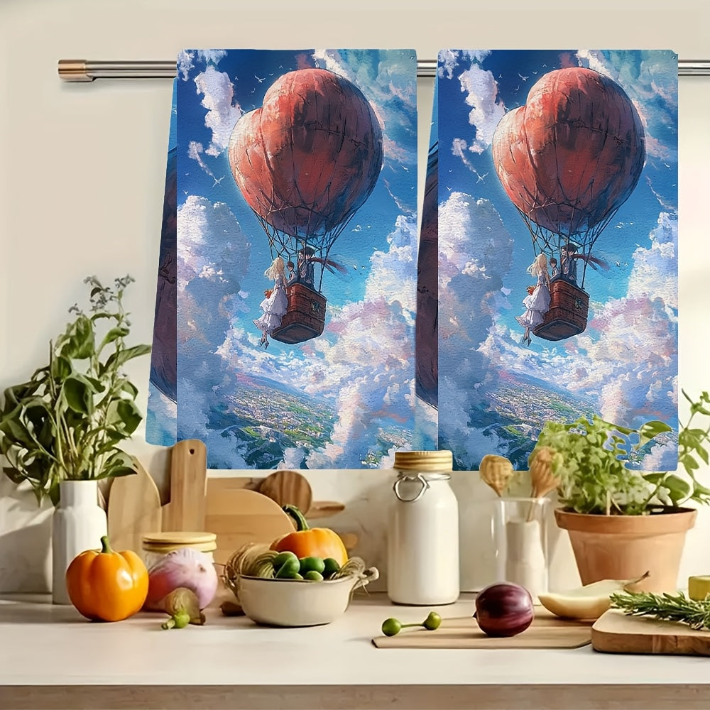 Pair of two super-soft kitchen towels showcasing an animated couple inside a heart-shaped hot air balloon. These highly absorbent dish towels are ideal for holiday decorating and can be easily cleaned in the washing machine. Each towel measures