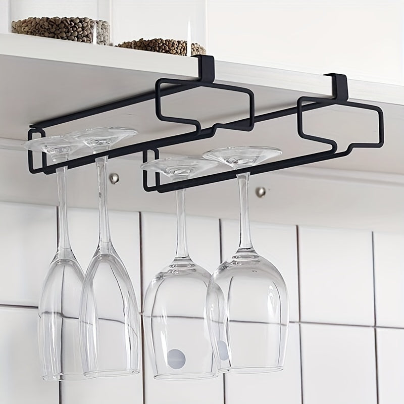 Black Metal Hanging Wine Glass Rack, 1 Piece, No-Drill Installation, Under Cabinet Stemware Storage Organizer, Space-Saving Design for Contemporary Kitchens