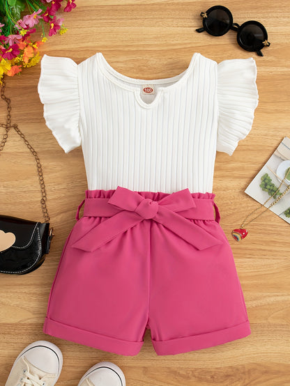 Set of 2 trendy girls top and shorts with bow belt for summer outfit