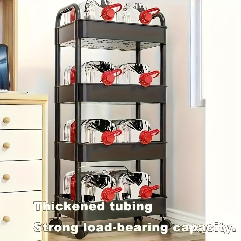 Multi-functional 3-tier plastic utility cart with wheels, no electricity required, perfect for home and outdoor camping. Portable storage organizer.