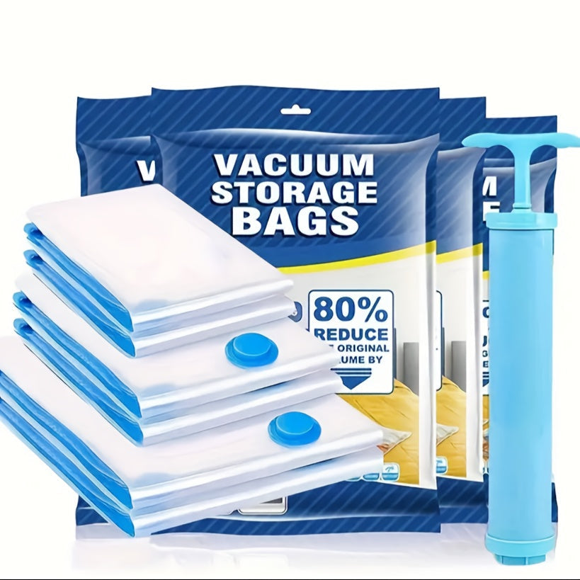 Set of 3 vacuum storage bags with handheld pump, durable tote bags for saving space, 3 sizes for compact folding, versatile elongated plastic bags for down jackets, quilts, and blankets - no power outlet required.