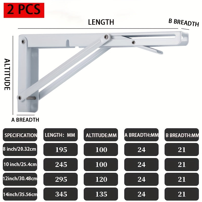 2pcs Heavy-Duty Stainless Steel Foldable L-Shaped Brackets for Space-Saving Triangle Support Shelves.