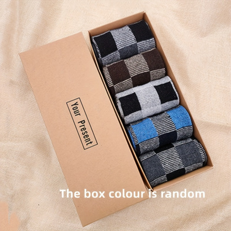 5 pairs of men's warm and comfortable wool socks, boxed for gifting.