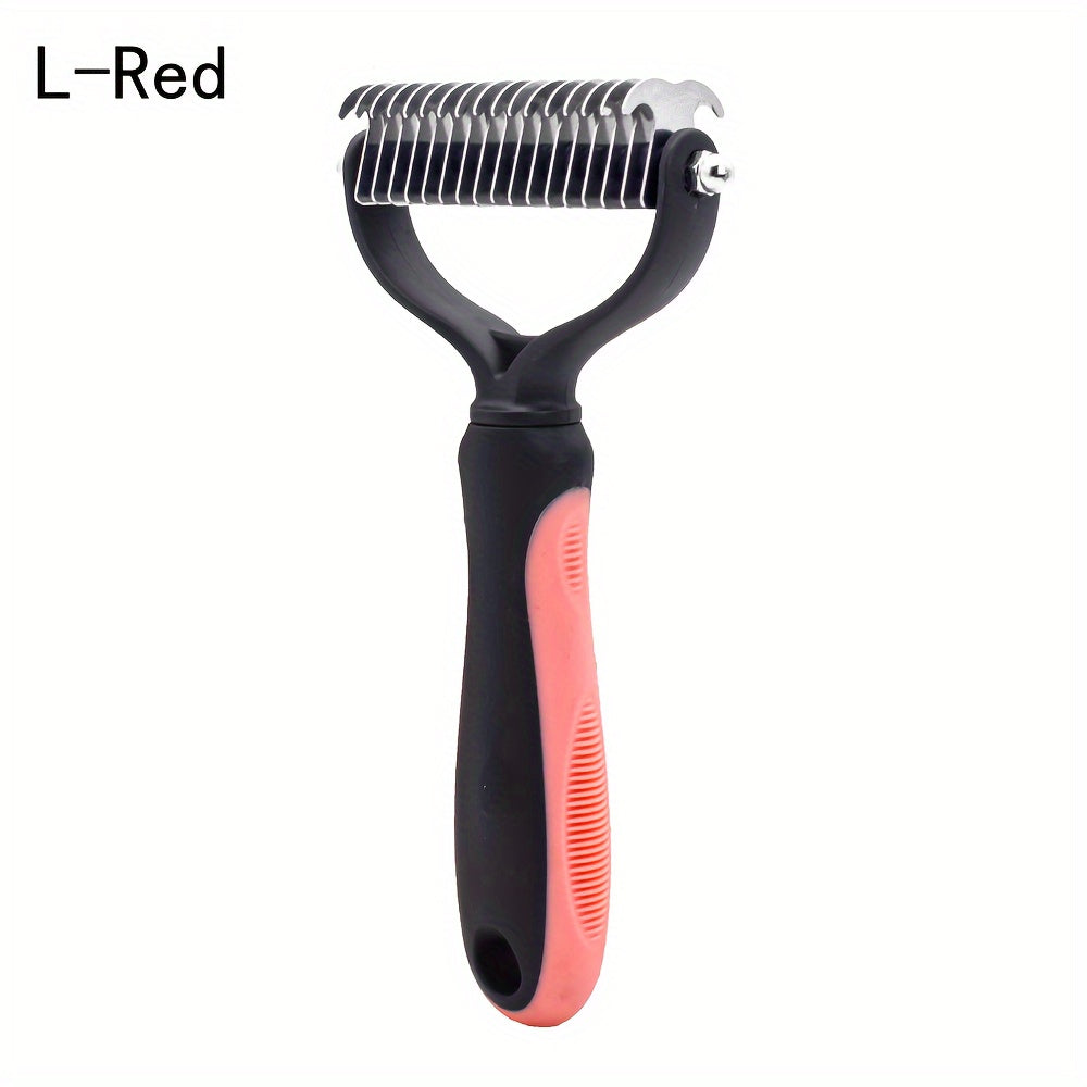 Dual-sided dog grooming brush removes knots and undercoat easily.