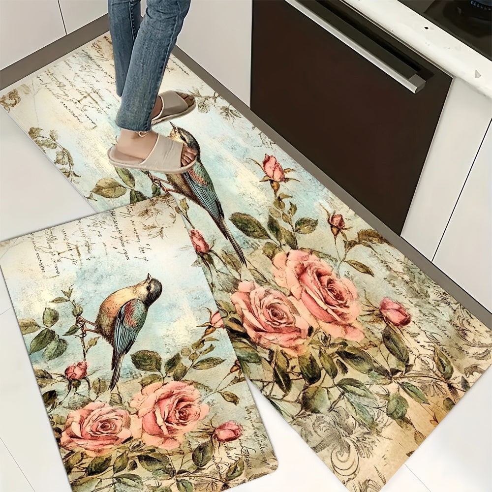 Vintage Rose & Bird Design Anti-Fatigue Kitchen Mat - Waterproof, Soft, Machine Washable Polyester - Non-Slip Mat for Home & Office Use