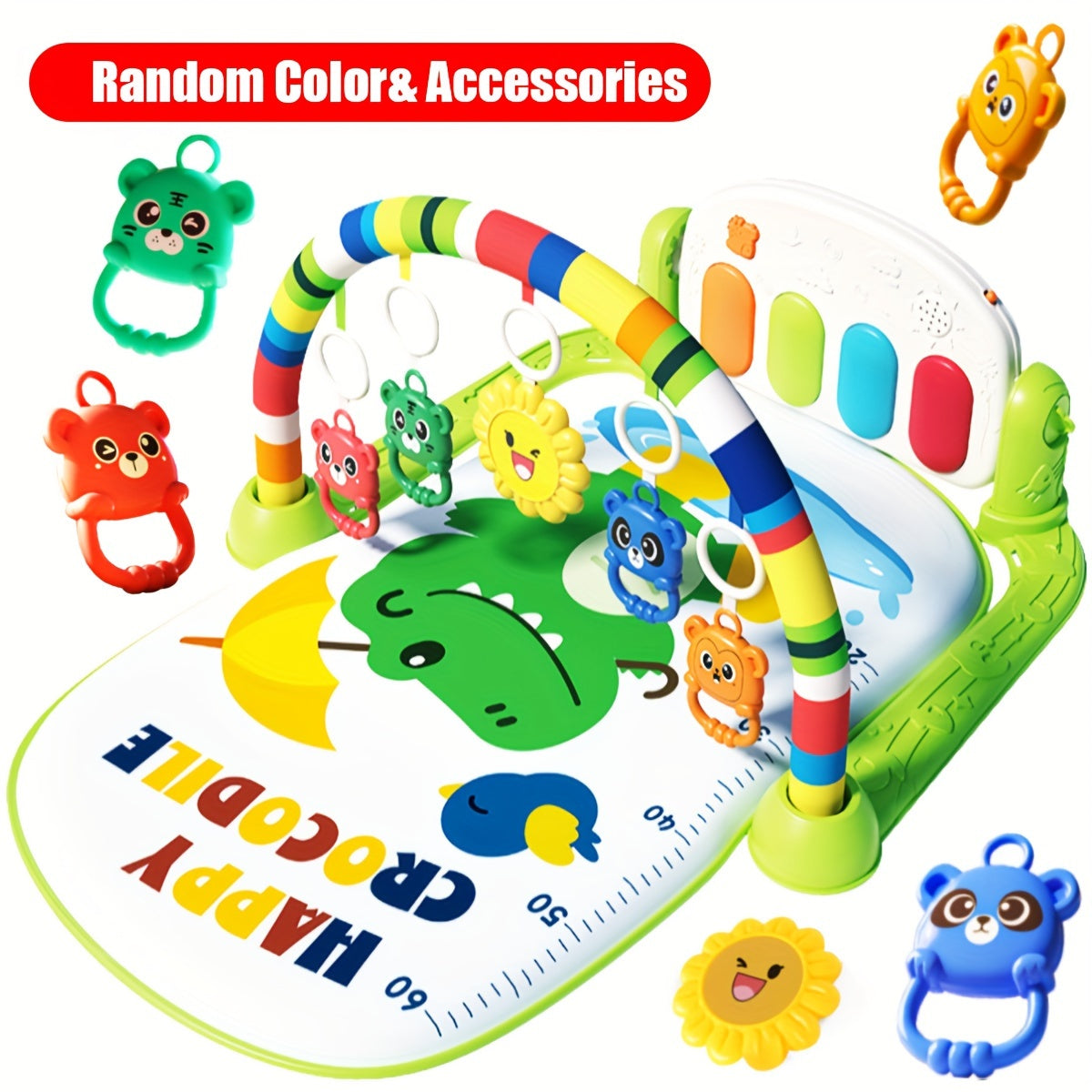 Interactive infant play gym with music and piano, educational play center for ages 0-3 years, assembly required, includes random color accessories. Perfect gift idea.