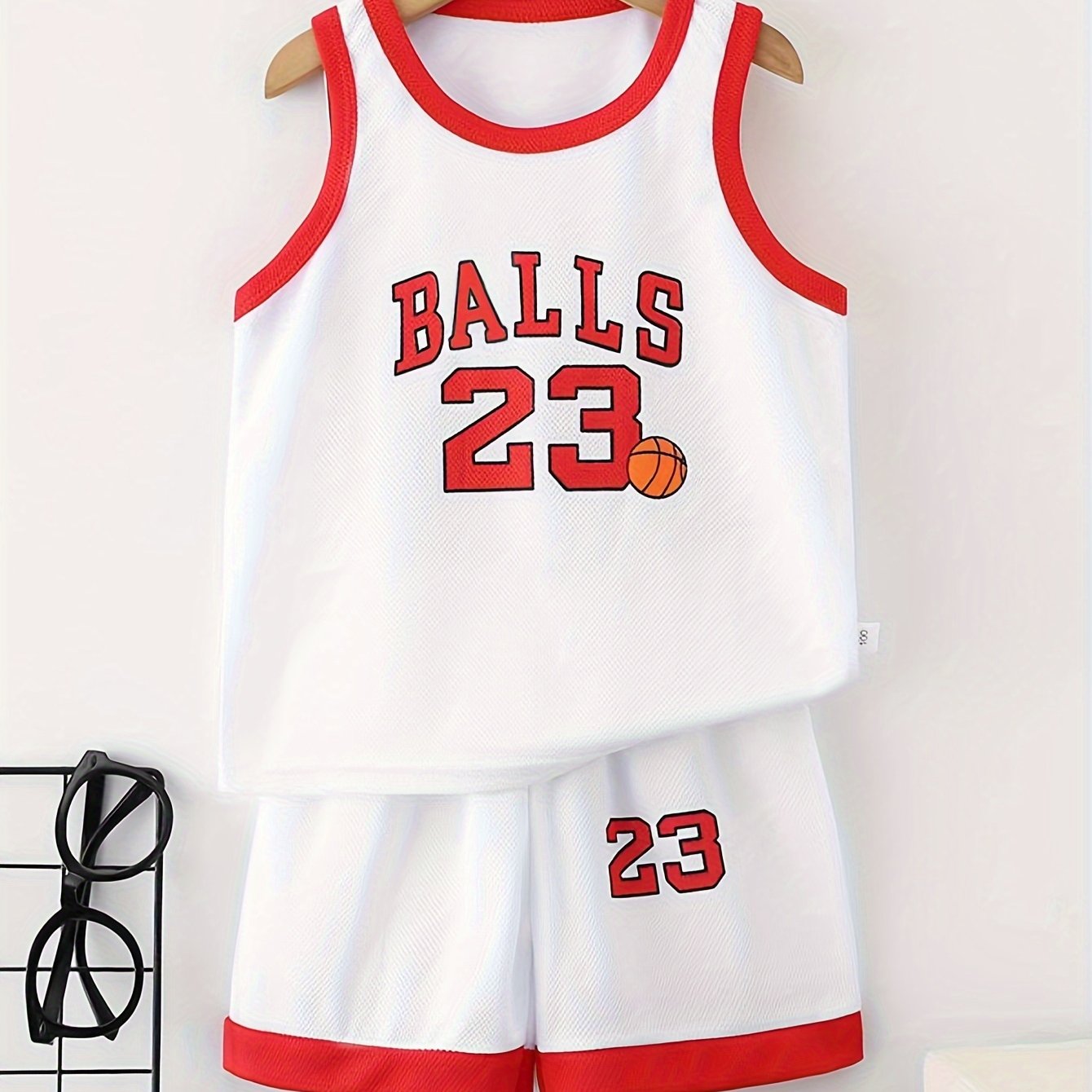 Youth #23 Basketball Jersey and Shorts Set in Red & White, 100% Polyester, Breathable, Sleeveless with Letter Print, Ideal for Spring/Summer Outdoor Sports.