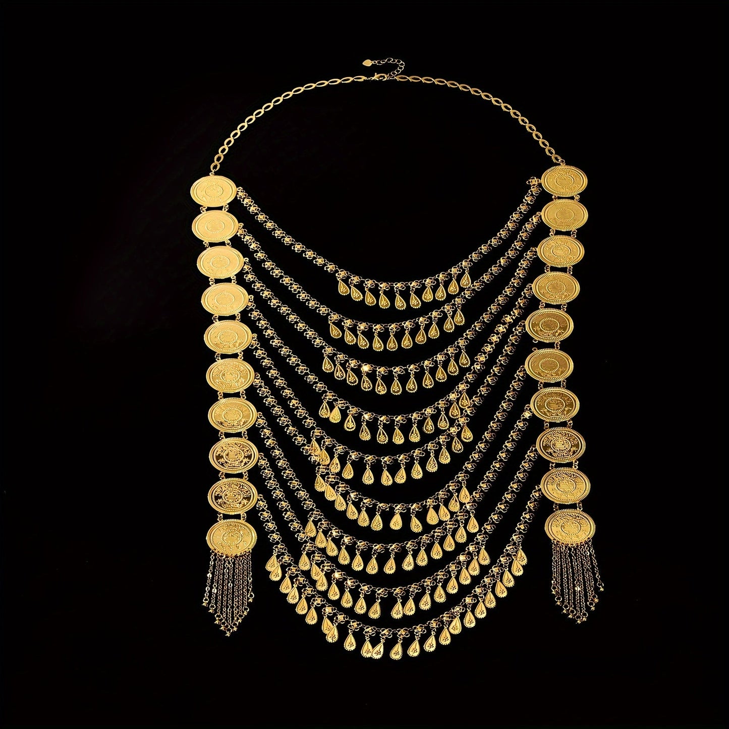 Elegant Arabian-Inspired Jewelry Set for Women, Featuring Luxurious Copper and Golden Plating. Includes Bridal Necklace and Earrings, Perfect for Year-Round Fashion and Special Occasions Such as Music Festivals and Ramadan Celebrations. Ideal for Daily