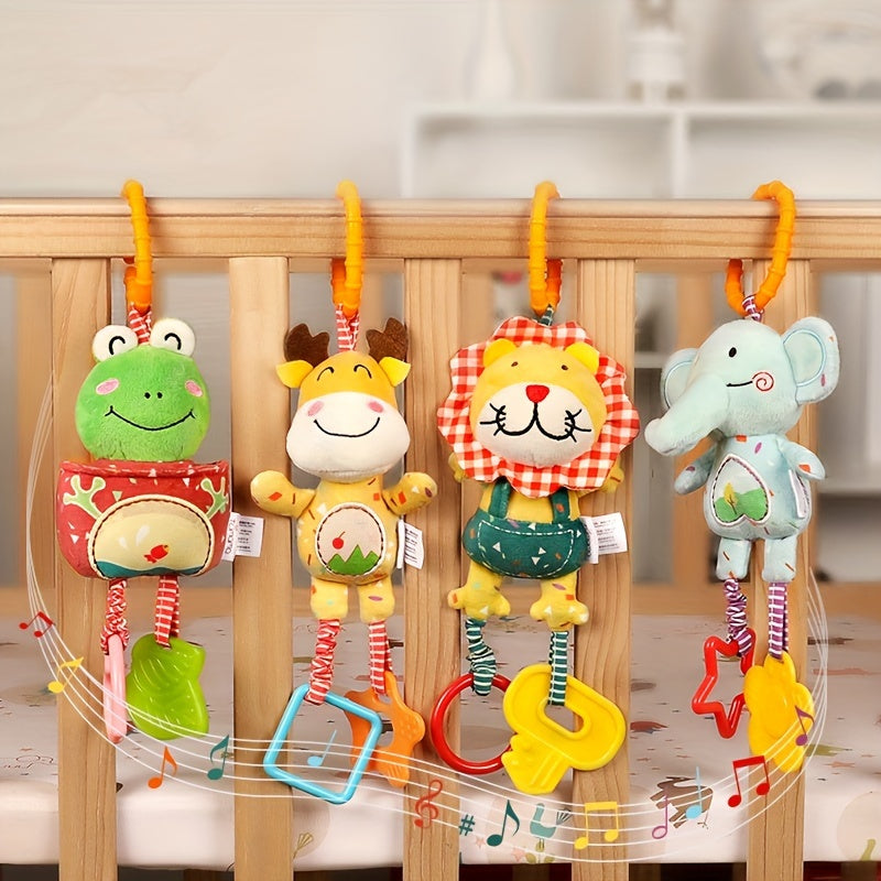 Plush Animal Baby Grip Toy Set - includes Lion, Frog, Elephant, and Fawn Toys with Wind Chime and Hanging Pendant for Crib, Suitable for Babies 0-3 Years - Educational Rattles, Perfect for Christmas, Thanksgiving, Halloween, and Easter Gifts.