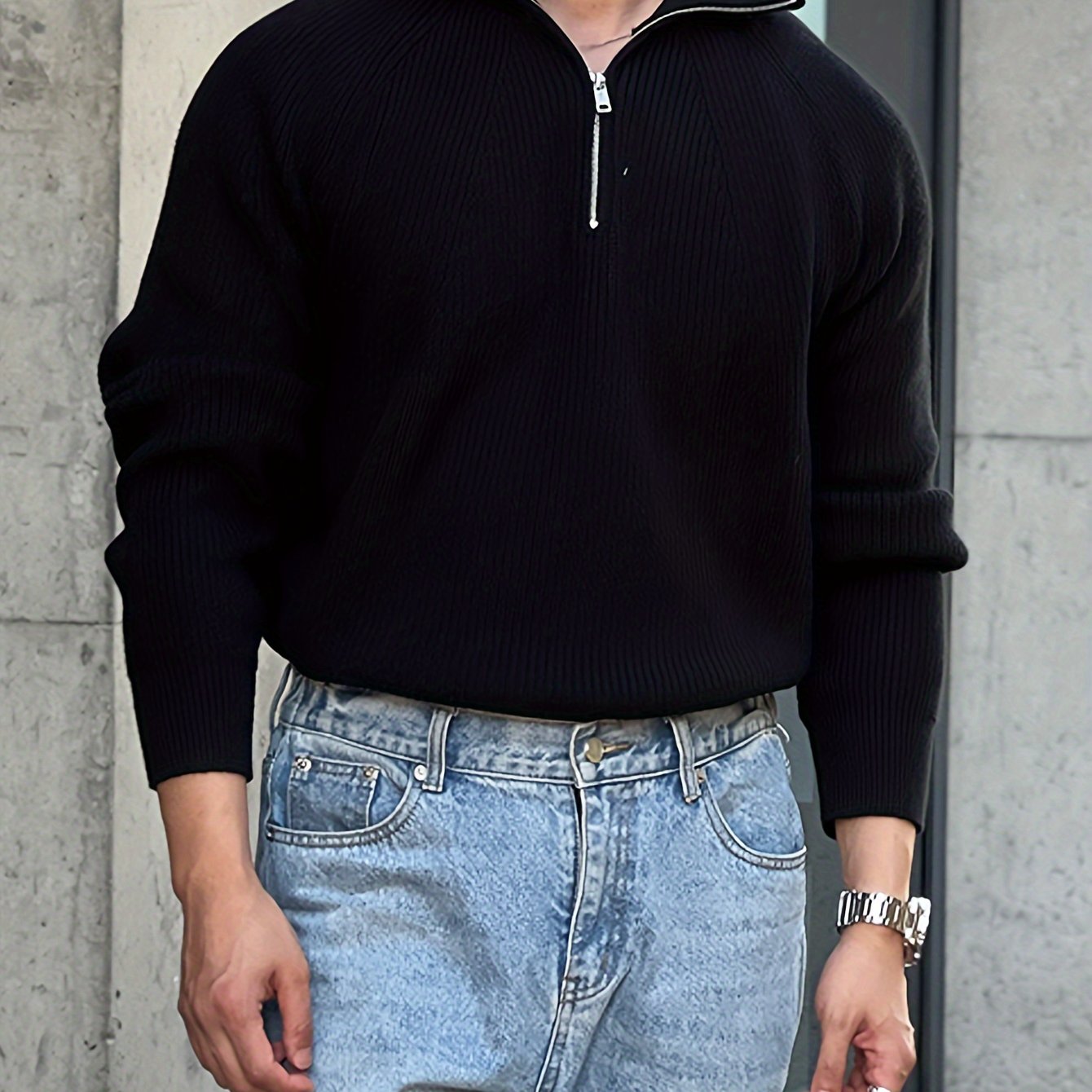 Men's knitted sweater with long sleeves, half zipper, and lapel for winter and fall.