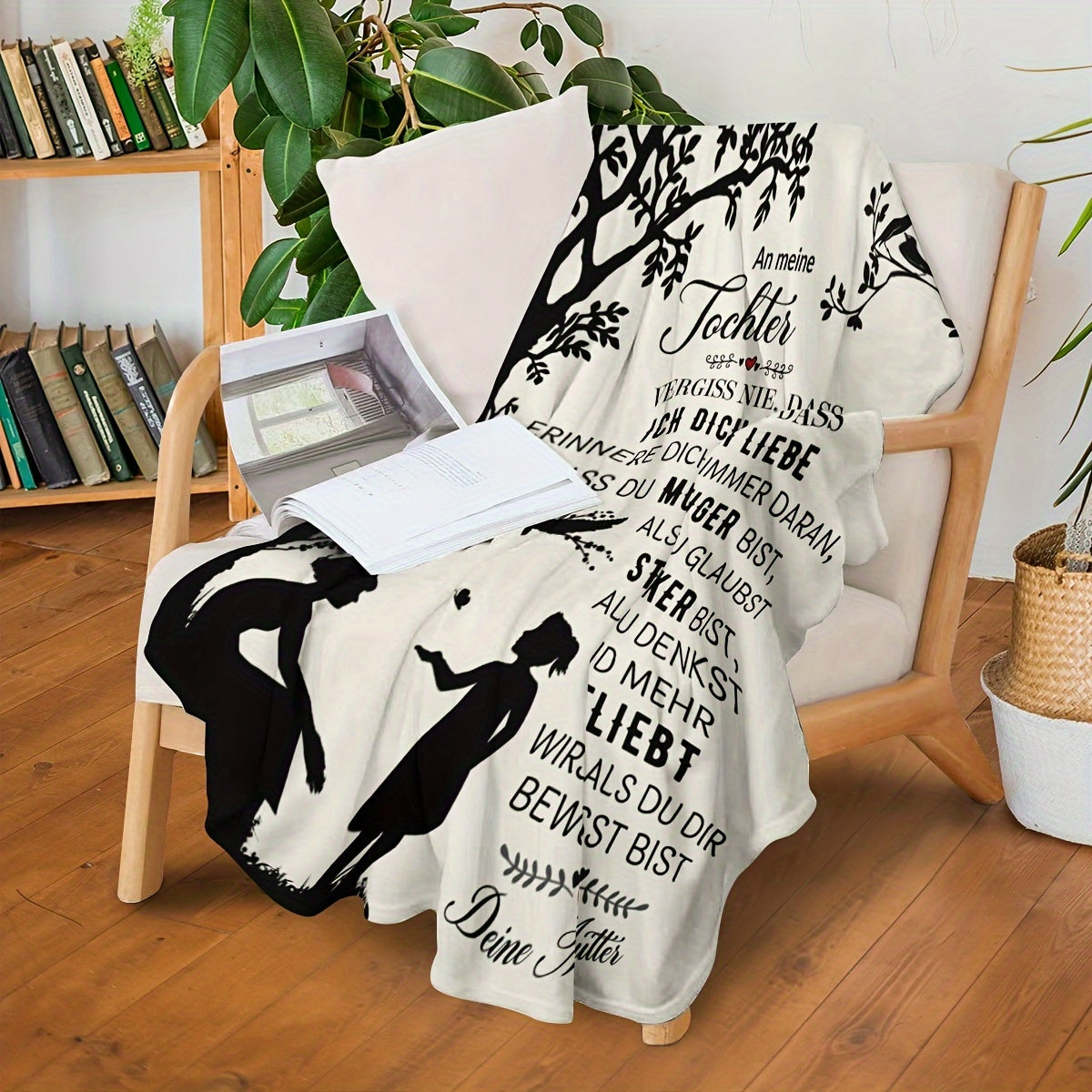 Modern German-themed Throw Blanket featuring a motivational quote, made of polyester and digitally printed. This all-season cozy blanket weighs between 200-250gsm, perfect for use in the office, home decor, bed, sofa, car, or nap. Ideal gift for your