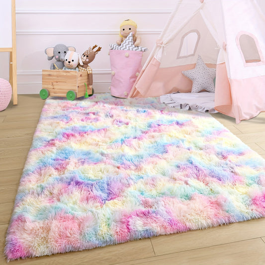 Plush Rainbow Rug for Girl's Bedroom, Fluffy Rug for Kids' Playroom, Adorable Plush Decor Rug for Girls, Ideal for Kindergarten and Teen Rooms, 4x6 Feet Size