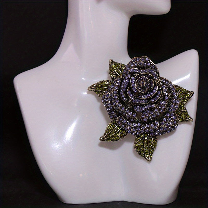 Stylish Baroque Rose Flower Brooch Pin featuring Green Leaves, Sparkling Rhinestones, a Versatile and Elegant Accessory for Women