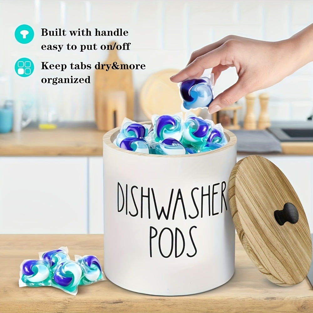 Wooden dishwasher pod holder with lid for detergent pods and tablets, a space-saving kitchen and laundry organizer.