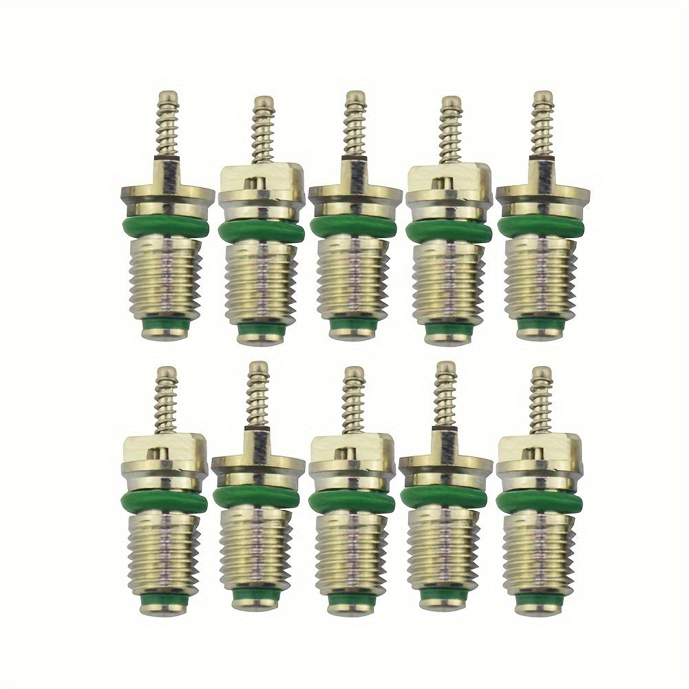 Maintenance kit for automotive air conditioners, featuring a set of 10 high-pressure green valve cores made of brass. Includes dual-headed replacements, no electricity needed.