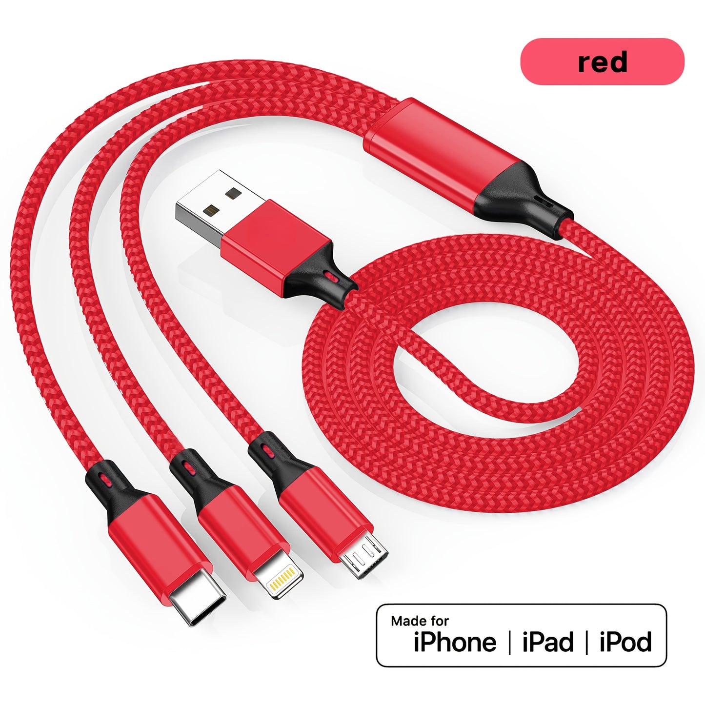 Fast charging USB cable compatible with iPhone, Samsung, Type-C, Micro USB devices and various Android smartphones.