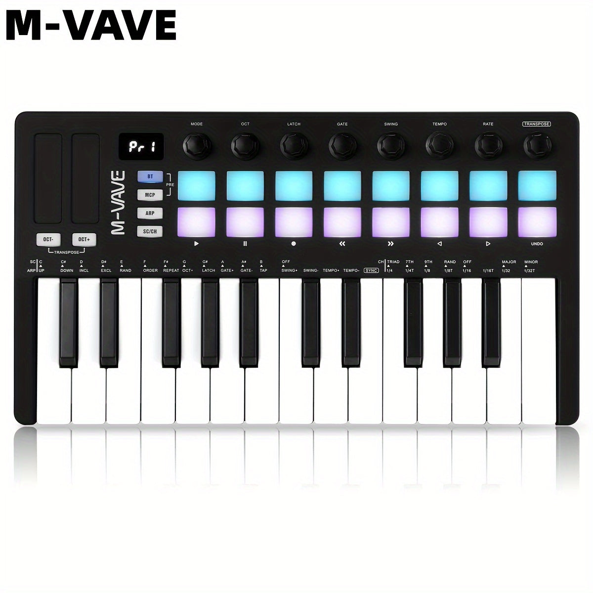 New M-VAVE SMK 25 II MIDI Keyboard with 8 Encoders, 16 RGB Backlights, Wireless MIDI, Speed Sensing, Vibrato, Touch Strip, 2000mAh Battery. Compatible with WINDOWS, MAC, IOS, Android.