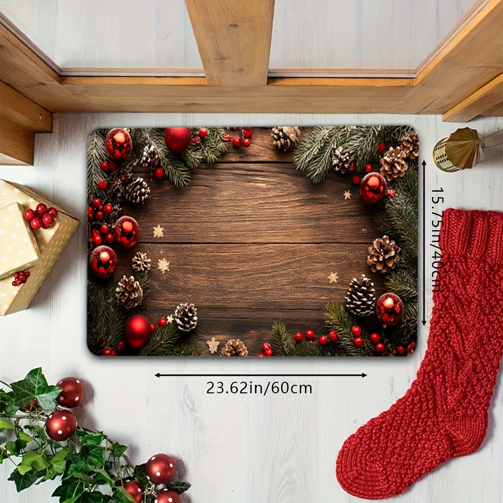 This decorative non-slip mat, perfect for the winter holidays, features charming patterns of New Year and Christmas elements such as faux wood grain, pine trees, pine cones, and snowflakes. It is ideal for adding a festive touch to bedrooms, living