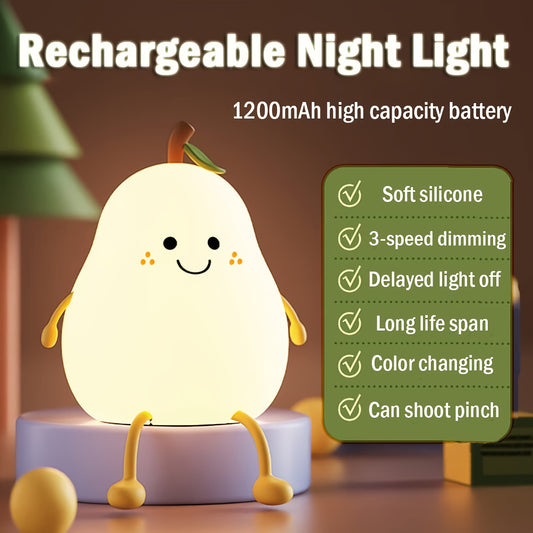 Rechargeable silicone pear lamp with 7 color changing option, timer, and touch control, perfect bedside or bedroom night light for Christmas gift.