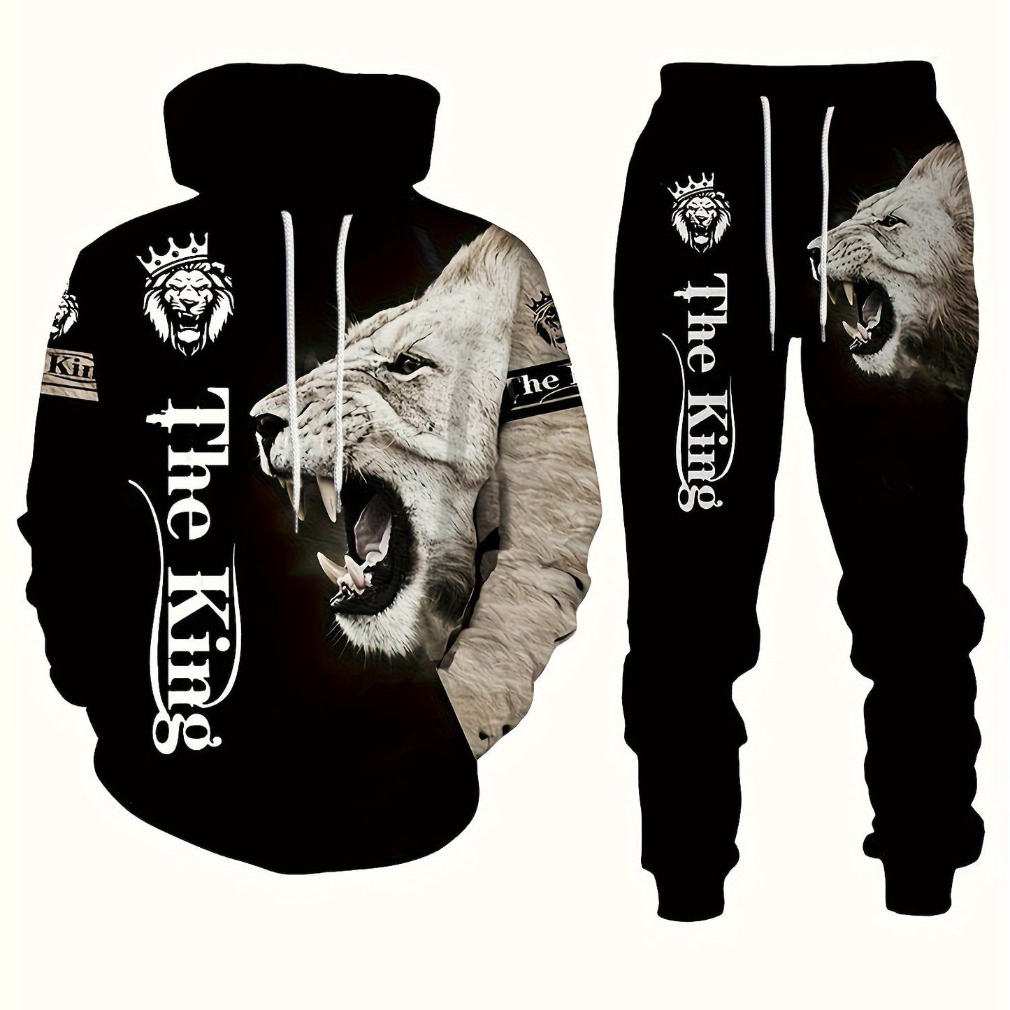 Men's plus size lion print 3D hooded sweatshirt and sweatpants set for autumn/winter.