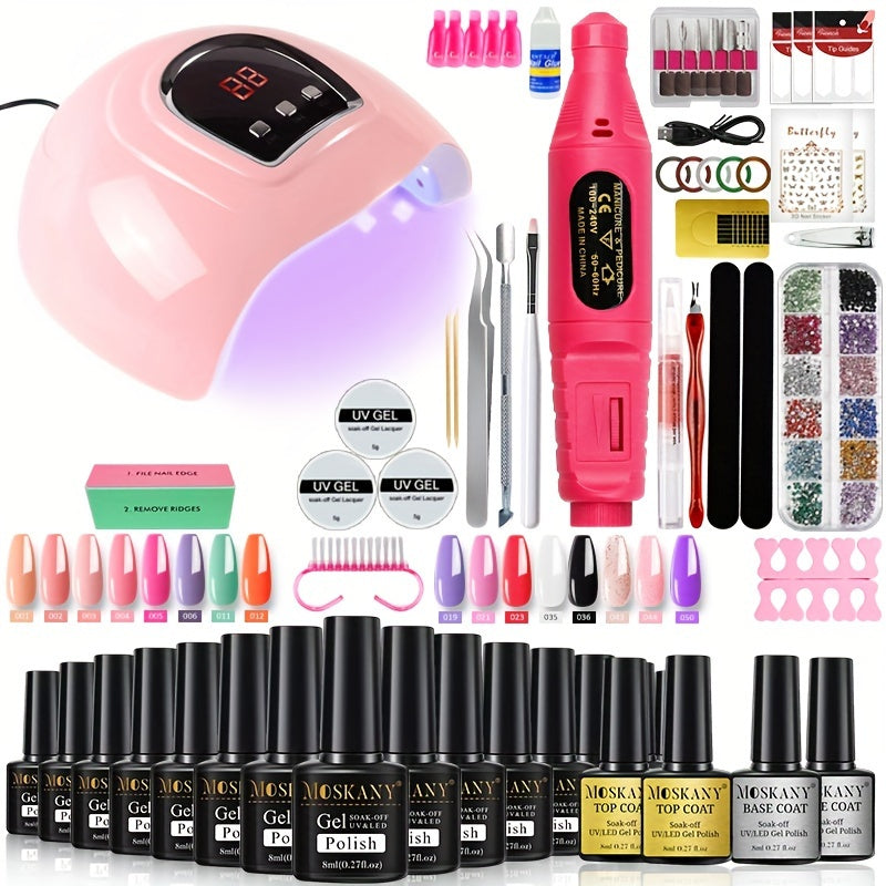 UV LED lamp gel nail polish starter kit includes top & base coat, nail drill, and decoration kit for salon and home manicure.