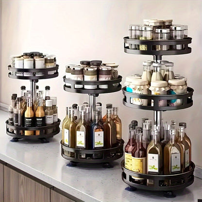 360° Rotating Kitchen Organizer with Adjustable Height - Metal Spice Rack featuring Storage Lazy Susan. This minimalist design offers efficient space management for your kitchen and bathroom. Food contact safe and no electricity needed.