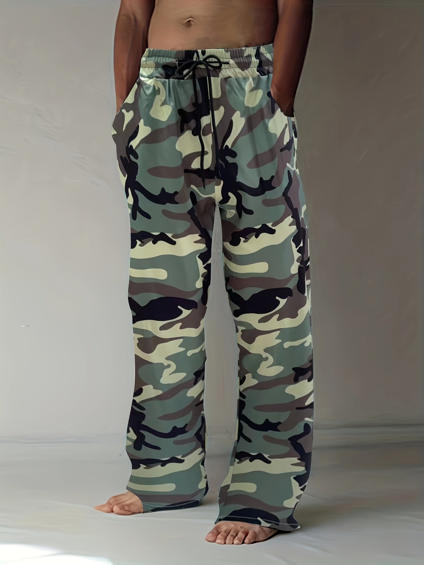 Plus Size Men's loose-fit athletic pants in camo print, made of machine washable polyester fabric.