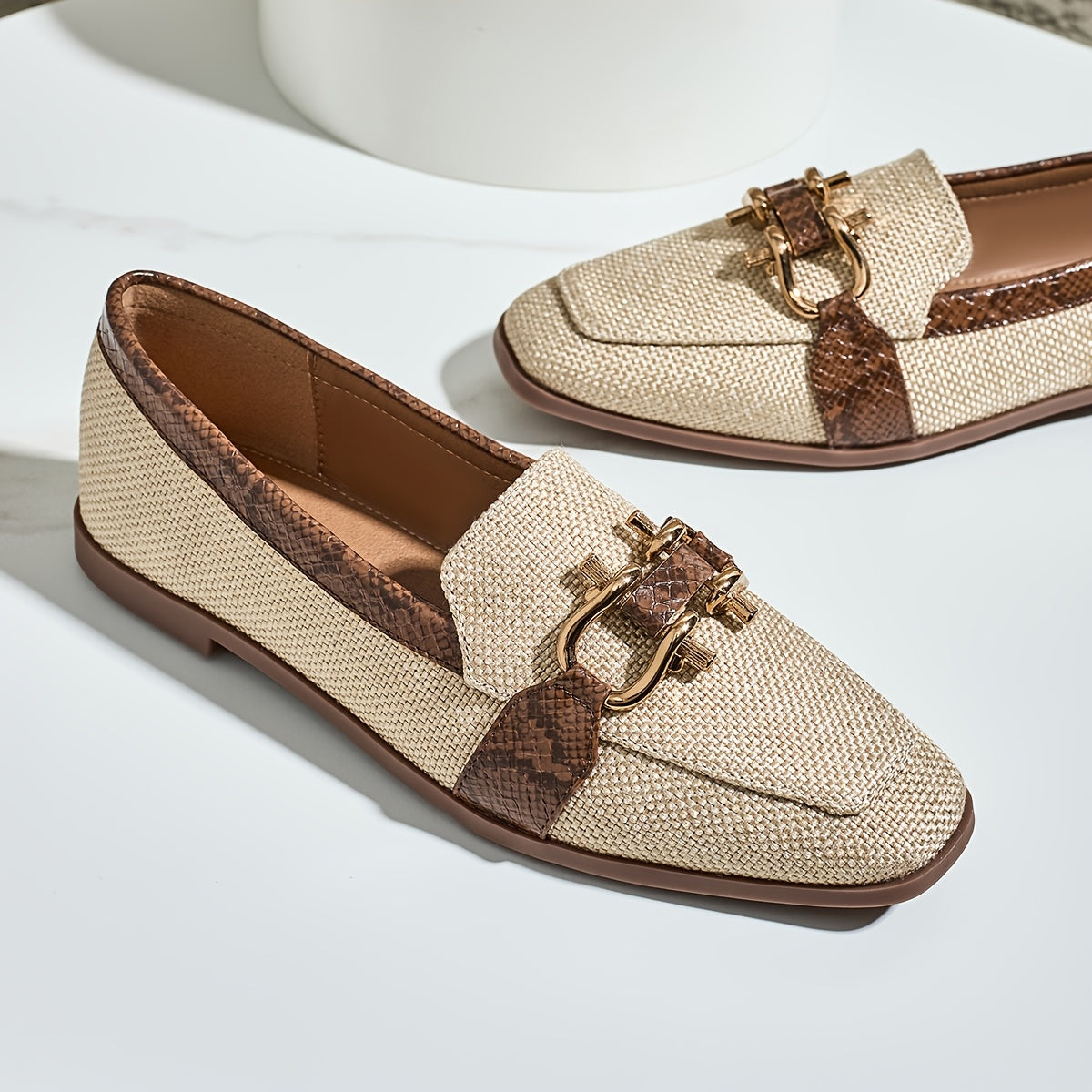 Vintage style women's flax loafers with snake print stud embellishment, square toe, and TPU sole for all-season comfort.