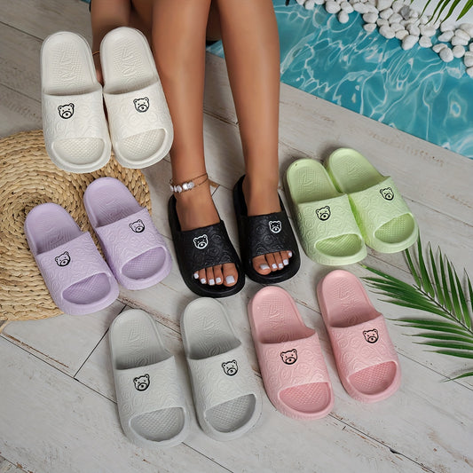 Thick-soled women's EVA slides with cartoon design for all seasons, sizes 36-45, in white, gray, purple, green, black, and pink.